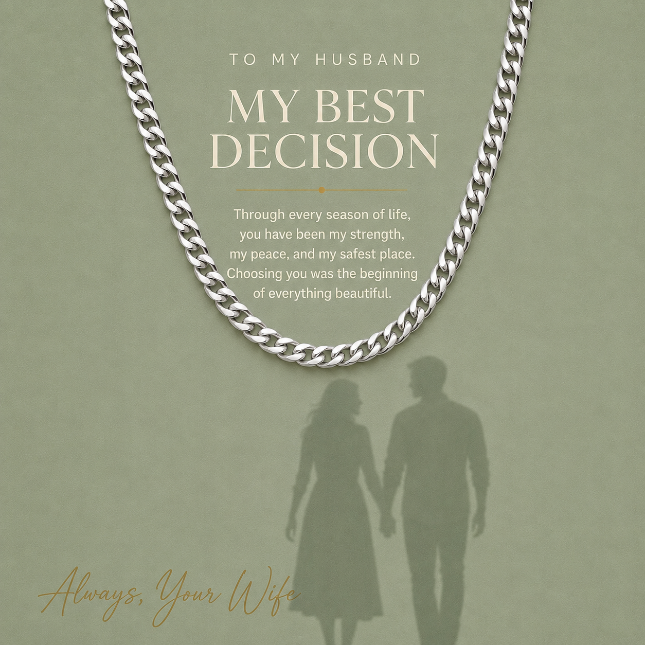 Silver chain necklace with a romantic quote for a husband and a silhouette of a couple holding hands on a sage green background.