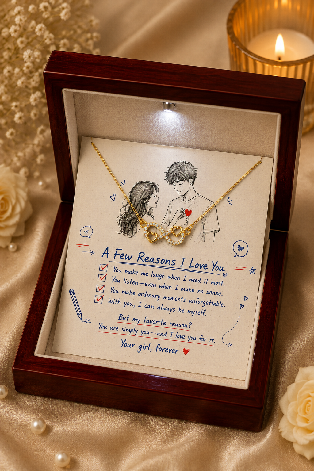 Gold-tone boyfriend infinity necklace with clear accents in wooden presentation box