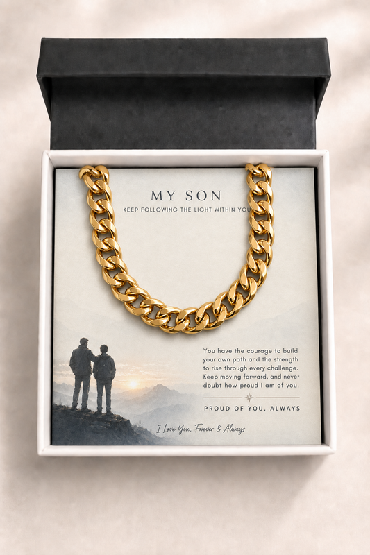 Silver-tone Cuban link necklace for son displayed with an inspirational message card in a Simple box