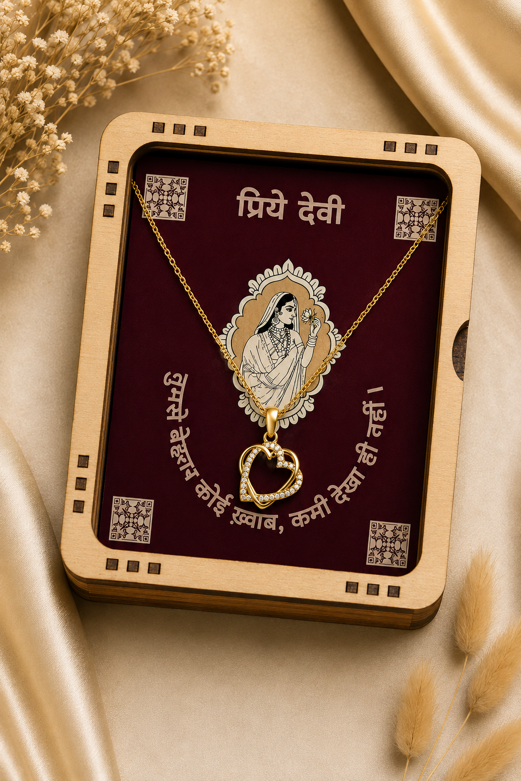 Gold-tone Devi necklace gift styled with illustrated Hindi message card