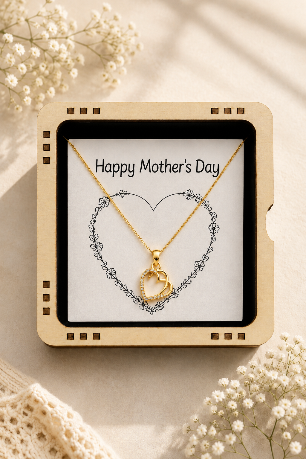 Gold-tone double heart necklace for Mom with clear stone detailing