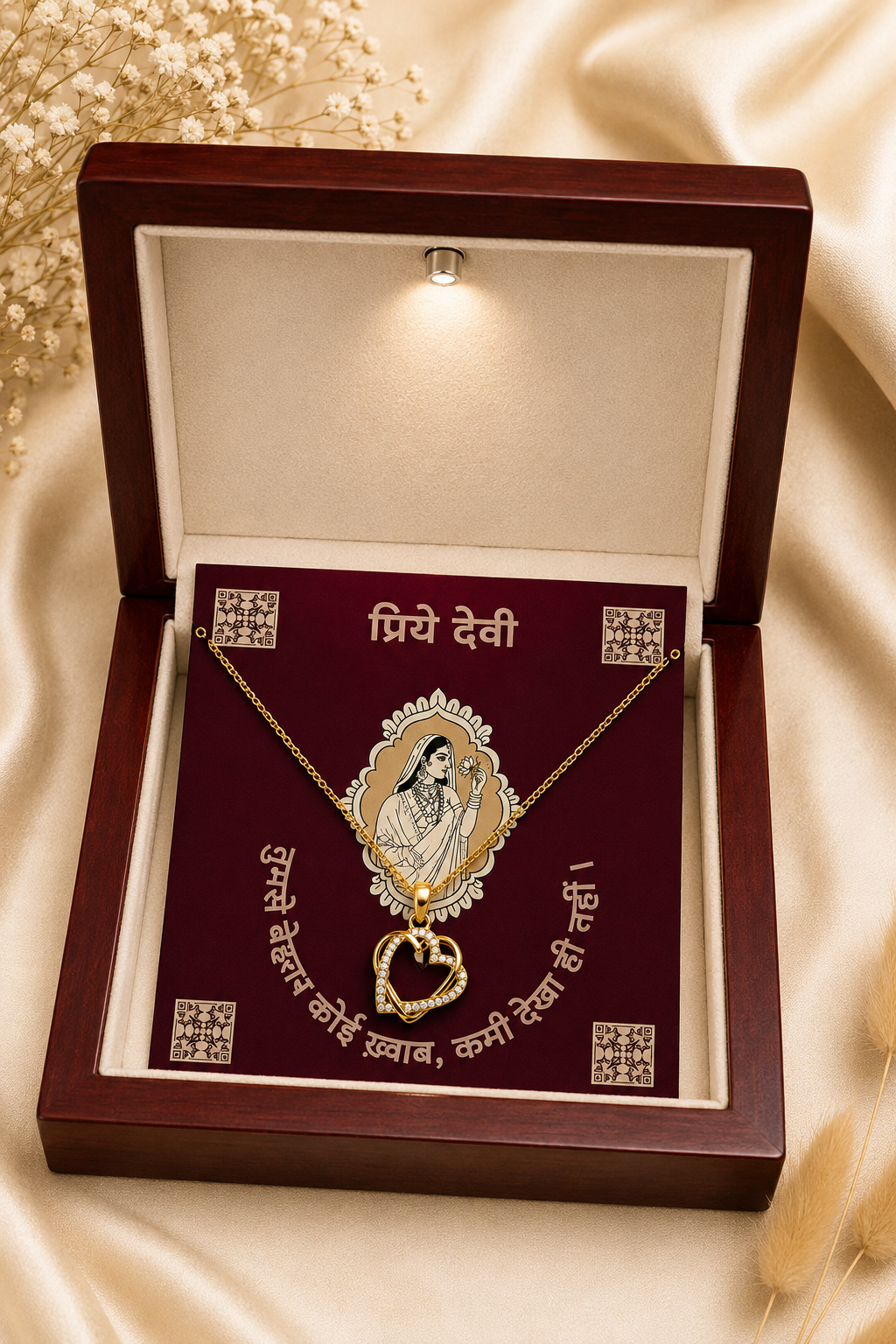 Gold-tone double heart pendant necklace displayed on a burgundy Devi message card