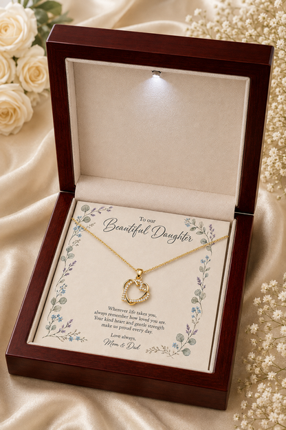Gold-tone heart pendant necklace presented as a daughter keepsake gift