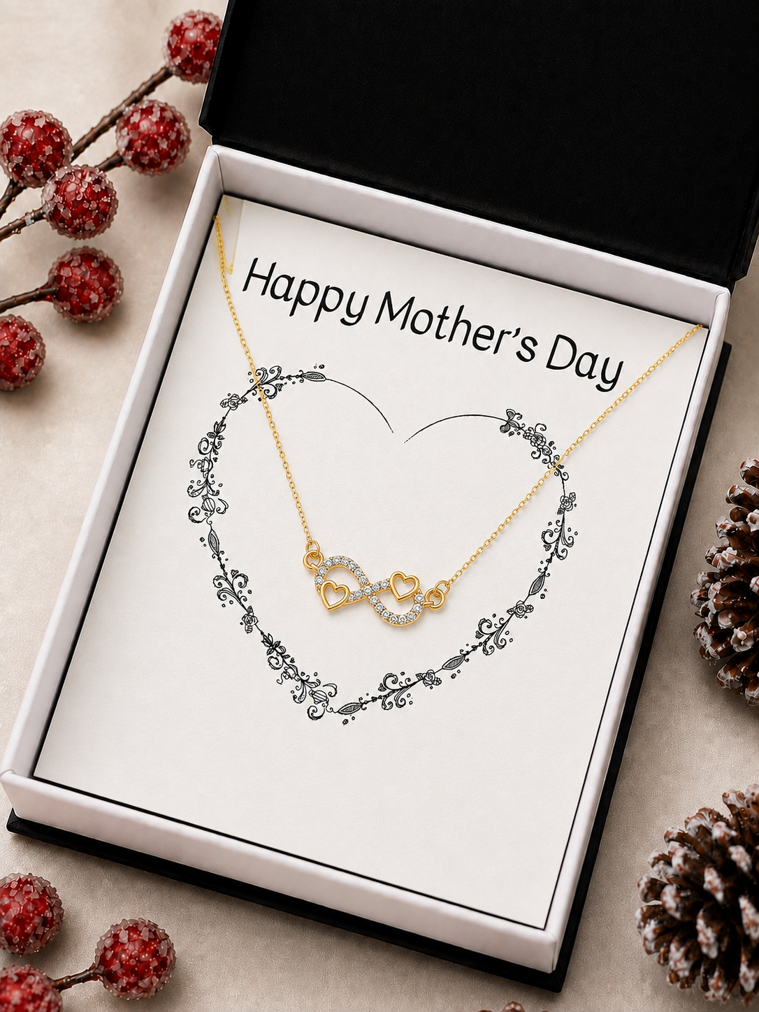 Gold-tone heart infinity necklace displayed on Mother’s Day card