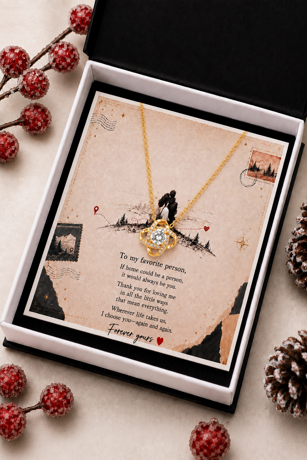 Gold-tone heart necklace and emotional message card arranged inside a black jewelry gift box for a loved one.