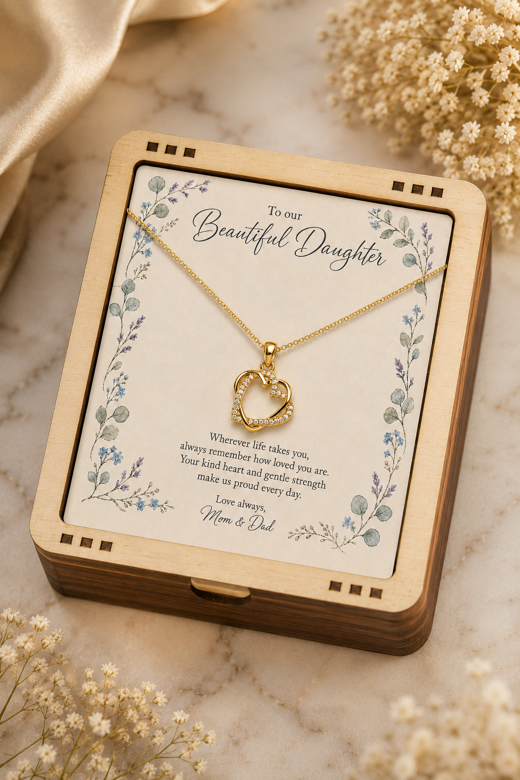 Gold-tone heart necklace with clear accents and daughter message card