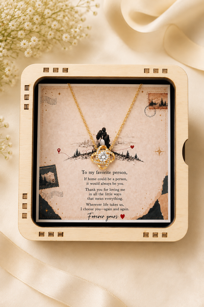 Gold-tone heart pendant necklace with message card reading “If home could be a person, it would always be you.”