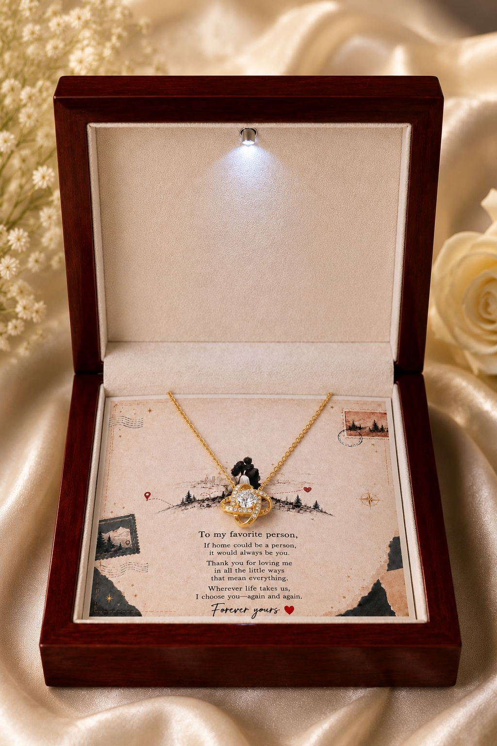 Gold-tone heart pendant necklace presented in a premium wooden LED-style gift box with romantic message card.