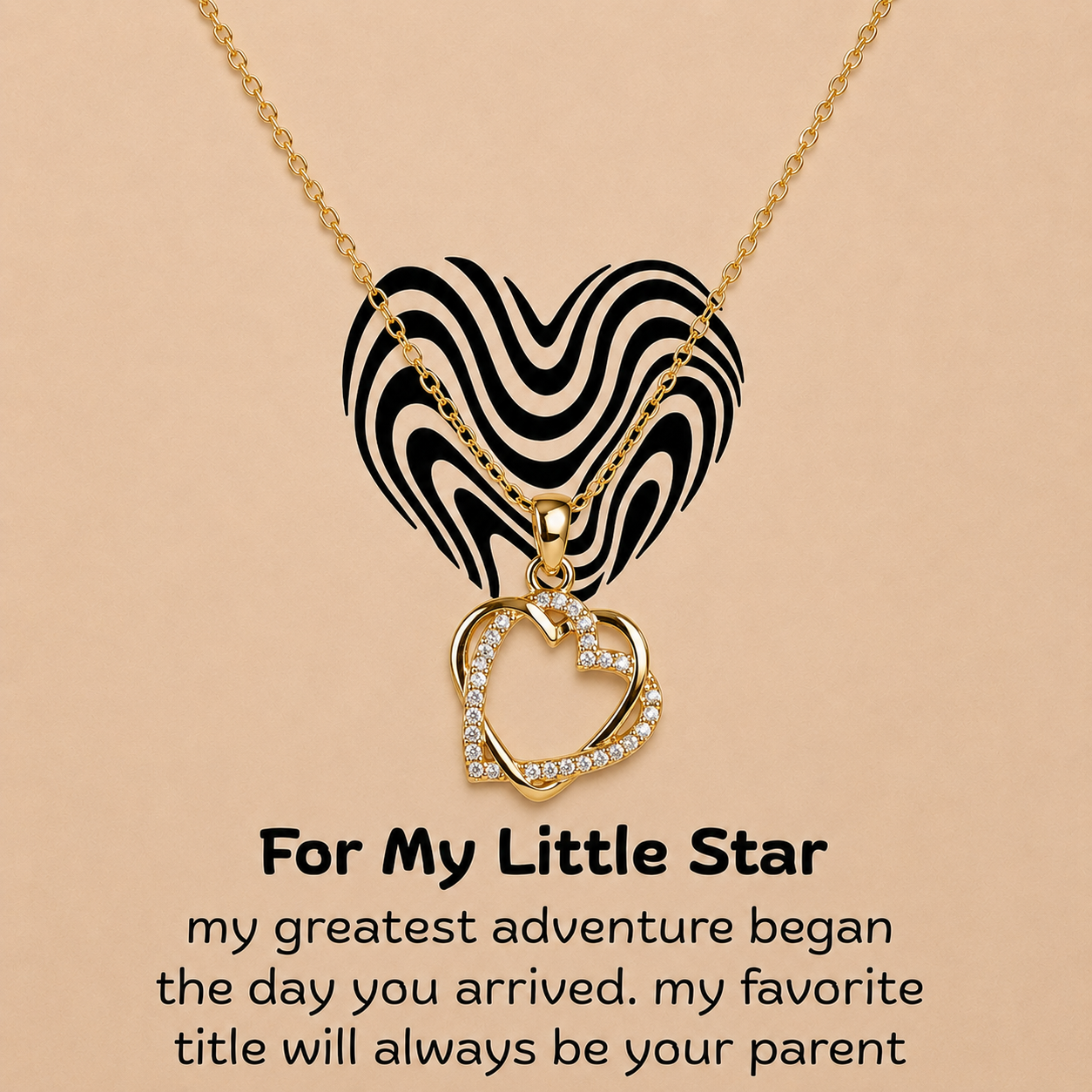 Gold-tone heart pendant necklace with parent message card in illuminated wooden box