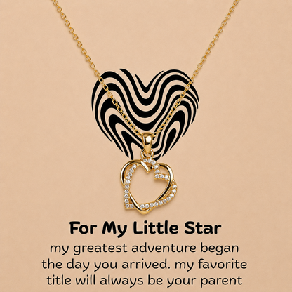 Gold-tone heart pendant necklace with parent message card in illuminated wooden box