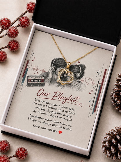 Gold-tone open heart necklace with romantic couple artwork and message