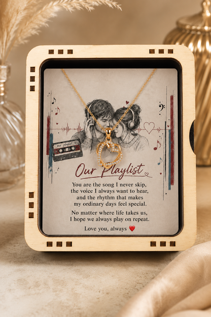 Gold-tone heart pendant with clear stone-style accents on romantic card