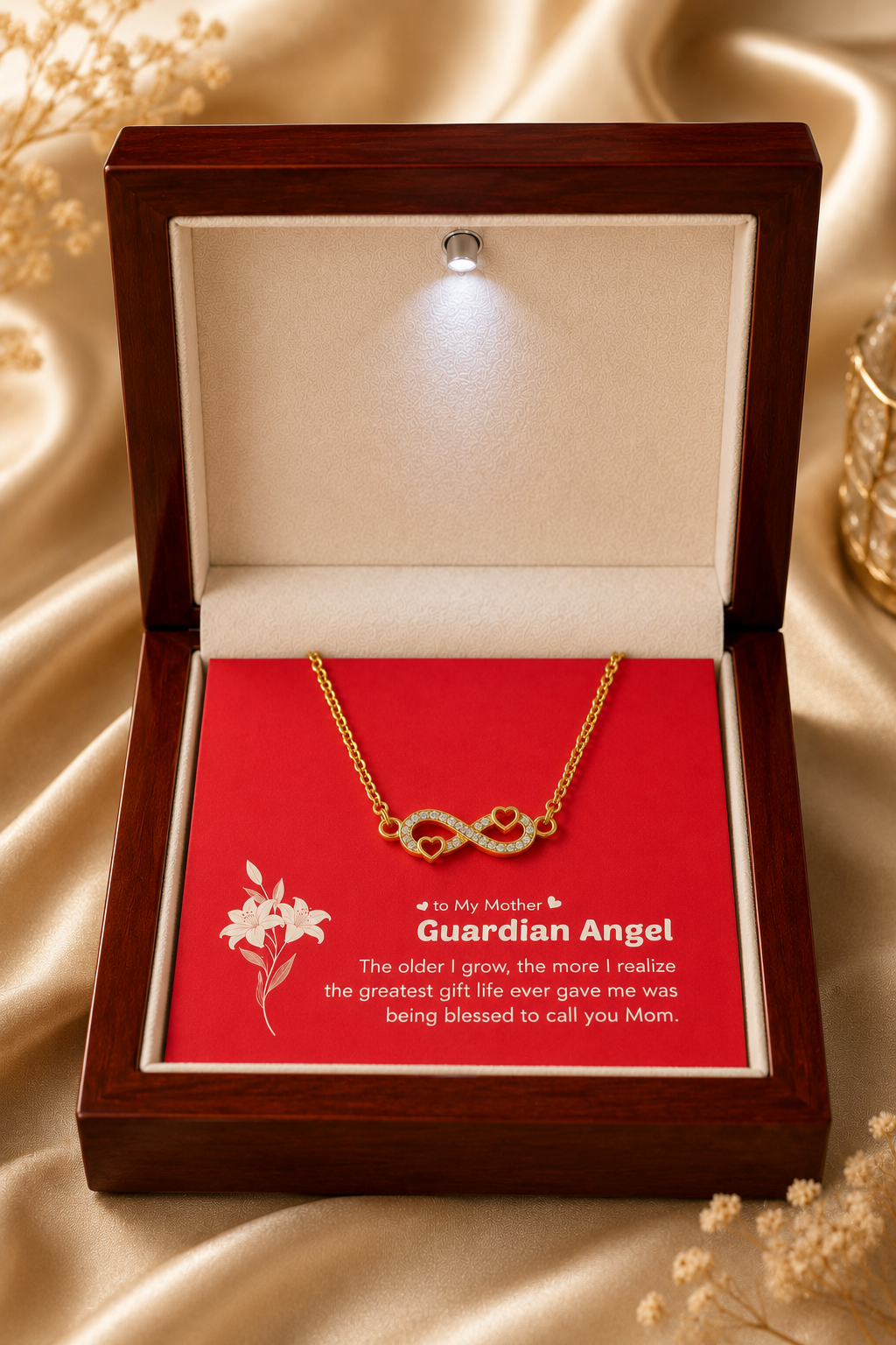 Gold-tone infinity heart necklace for Mom in premium wooden presentation box