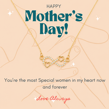 Gold-tone infinity heart pendant necklace displayed on Mother’s Day message card