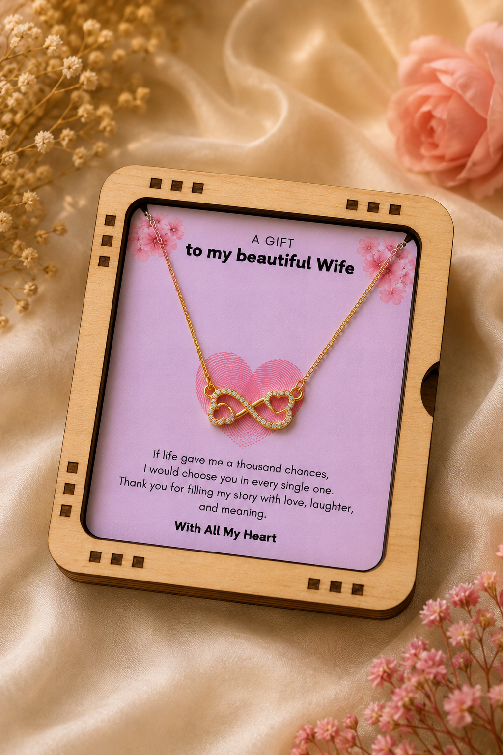 Gold-tone infinity heart necklace in wooden gift box with message