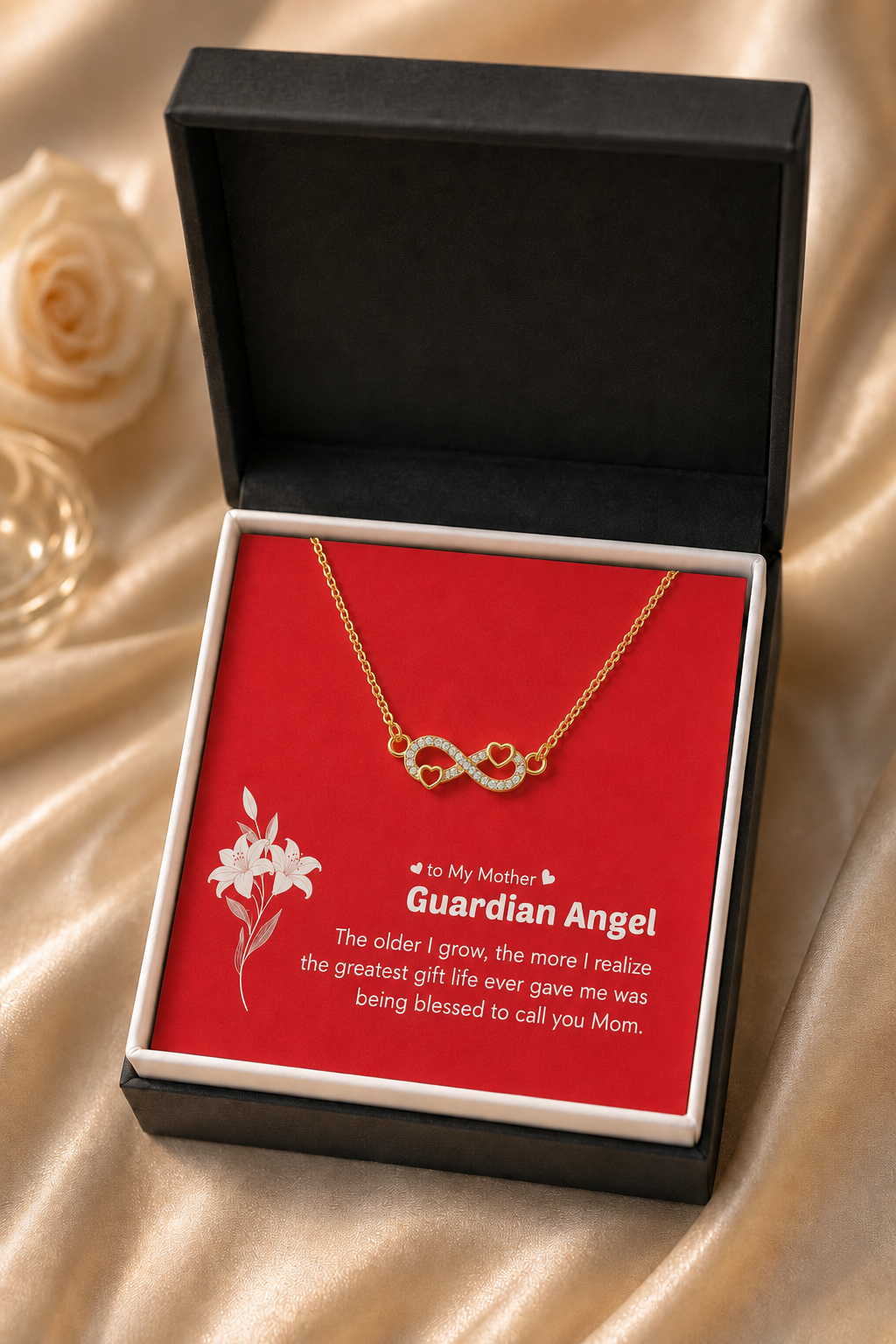 Gold-tone infinity necklace for Mom presented in black gift box