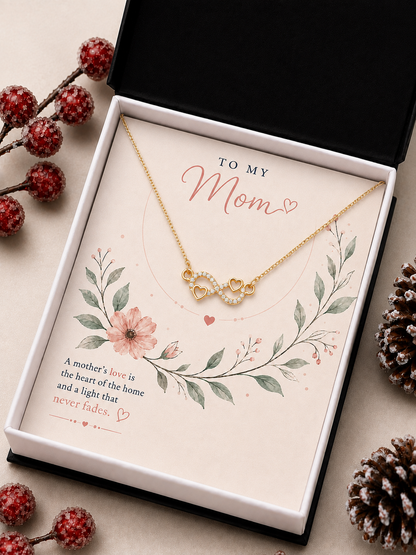 Gold-tone infinity necklace for Mom with pink floral message card