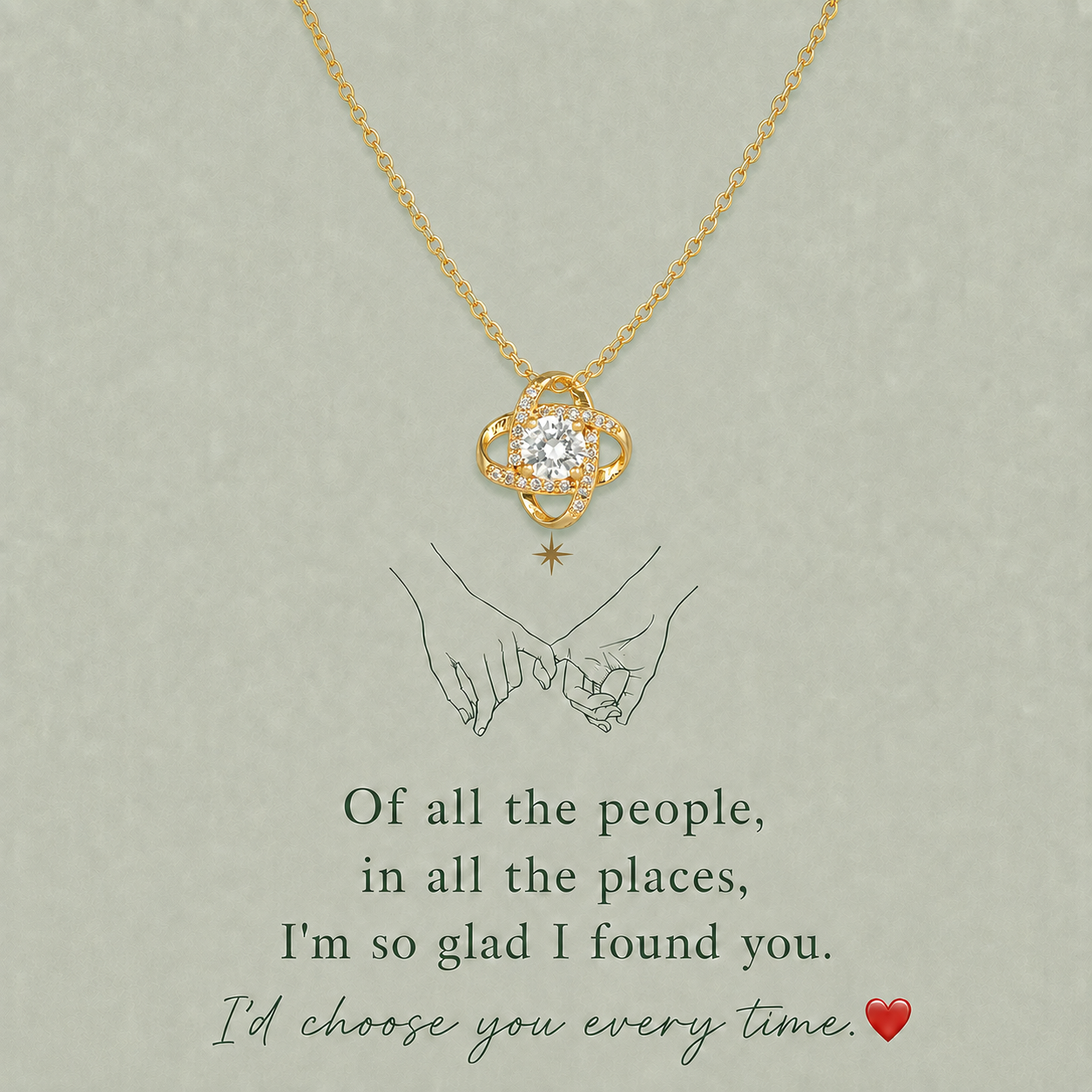 Gold-tone interlocking loop necklace with crystal-style accents and love message card in black gift box