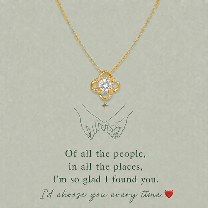 Gold-tone interlocking loop necklace with crystal-style accents and love message card in black gift box