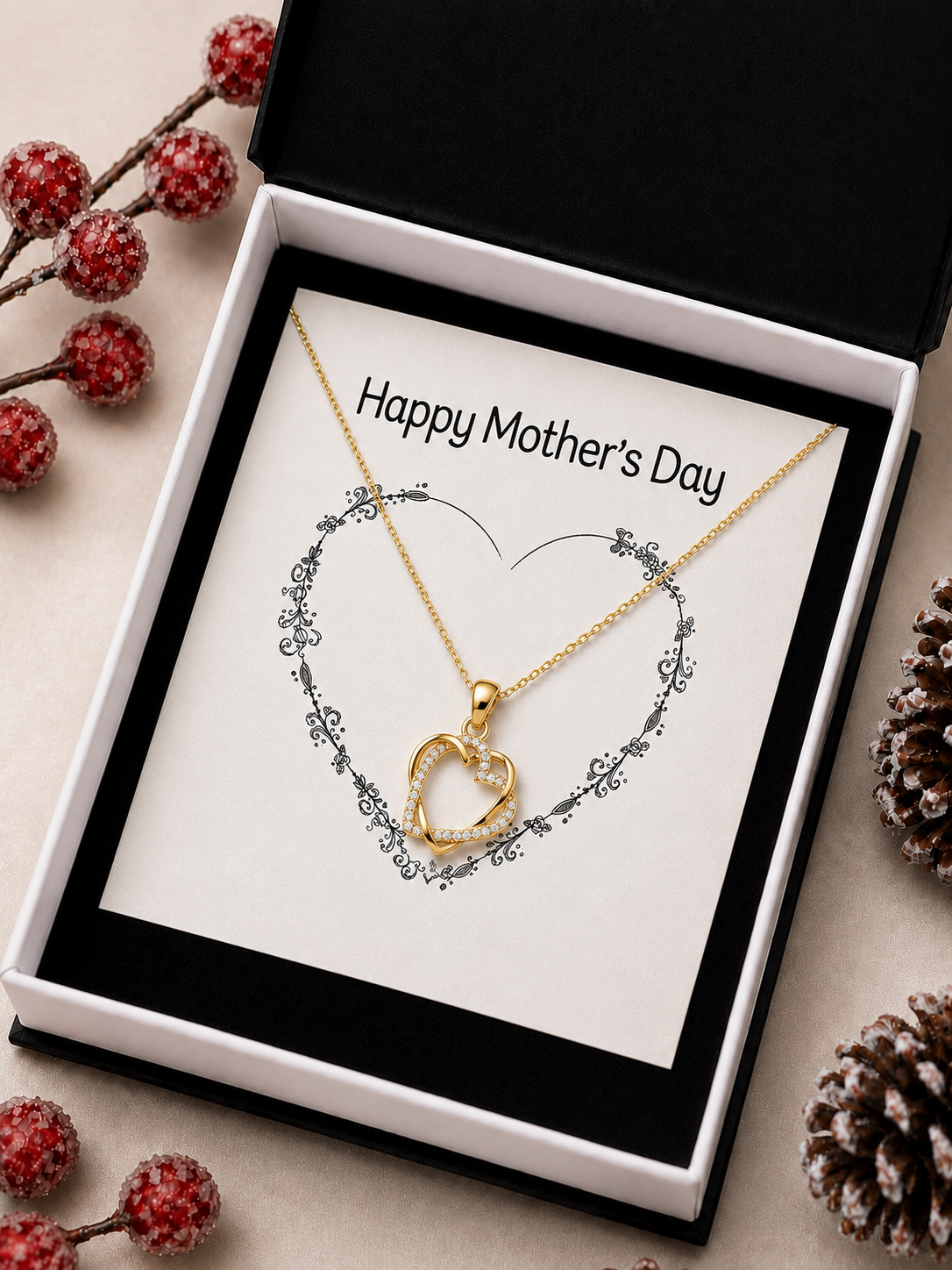 Gold-tone Mother’s Day pendant necklace with sparkling clear stone heart accent