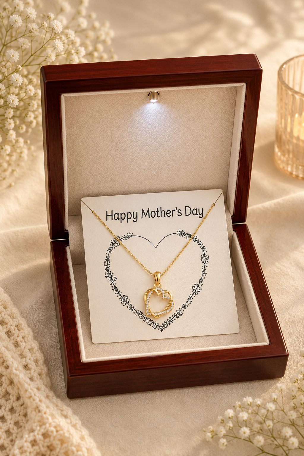 Gold-tone necklace for Mother displayed with decorative Happy Mother’s Day card