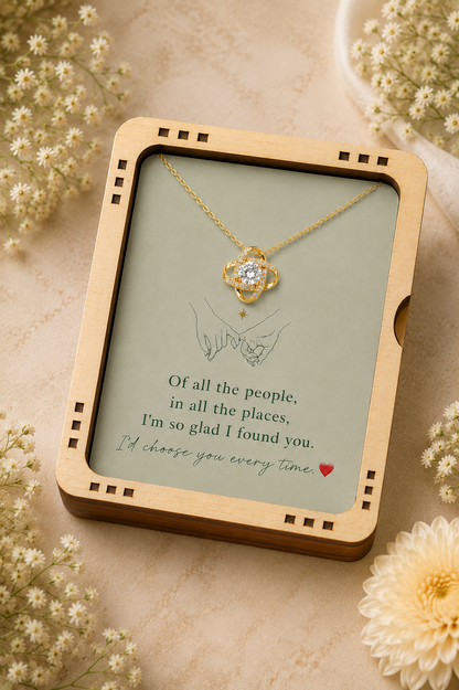 Gold-tone pendant necklace with romantic message card reading I’d choose you every time