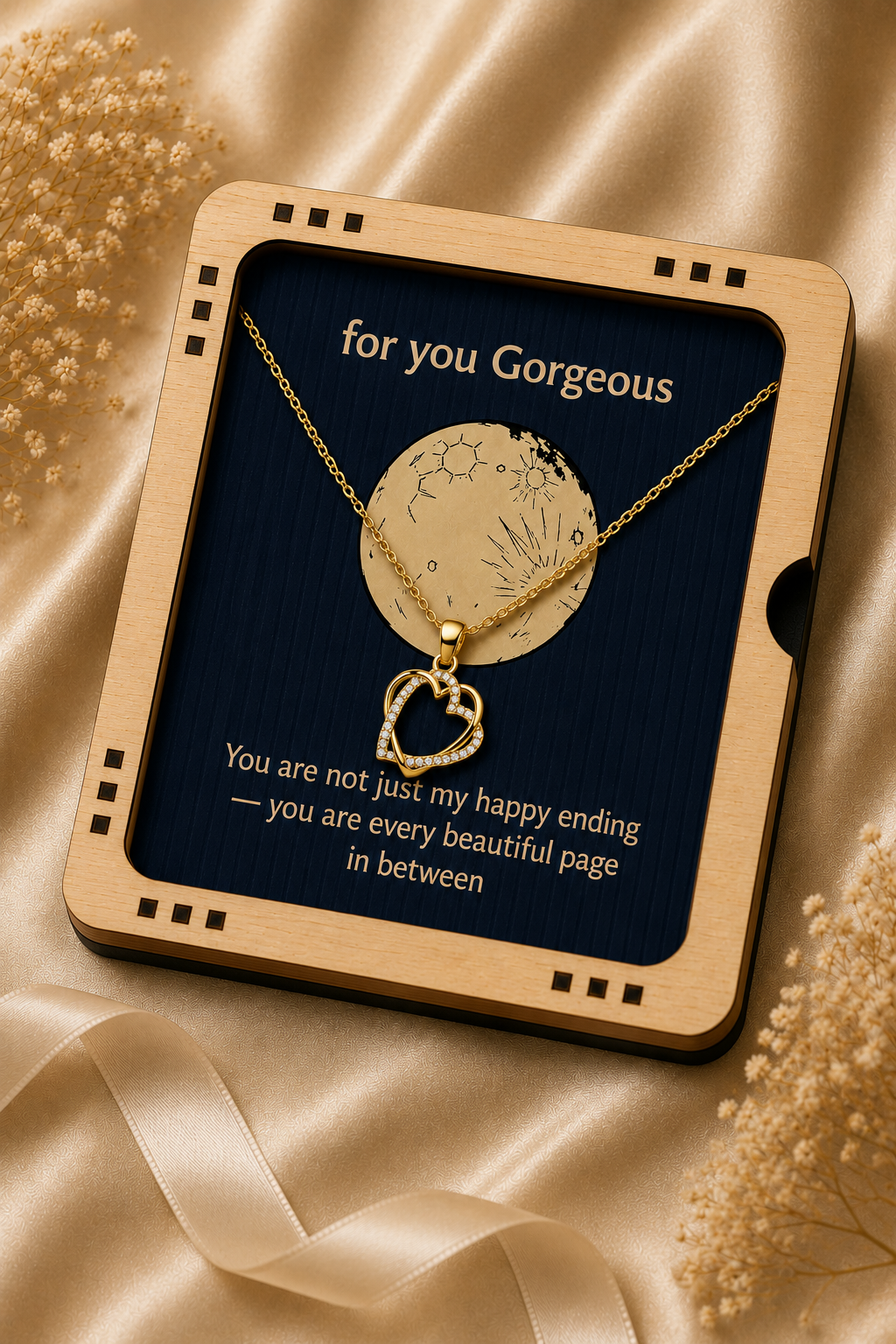 Gold-tone and silver-tone heart pendant necklace designs shown with matching message cards