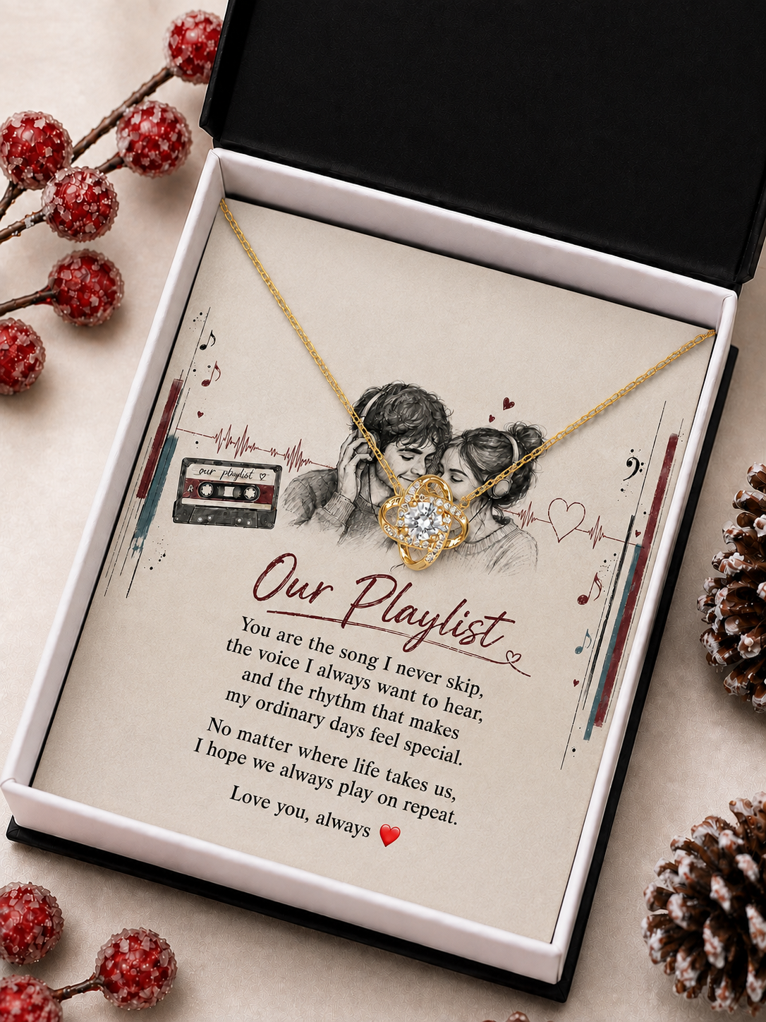 Gold-tone romantic necklace arranged on a decorative wooden display frame
