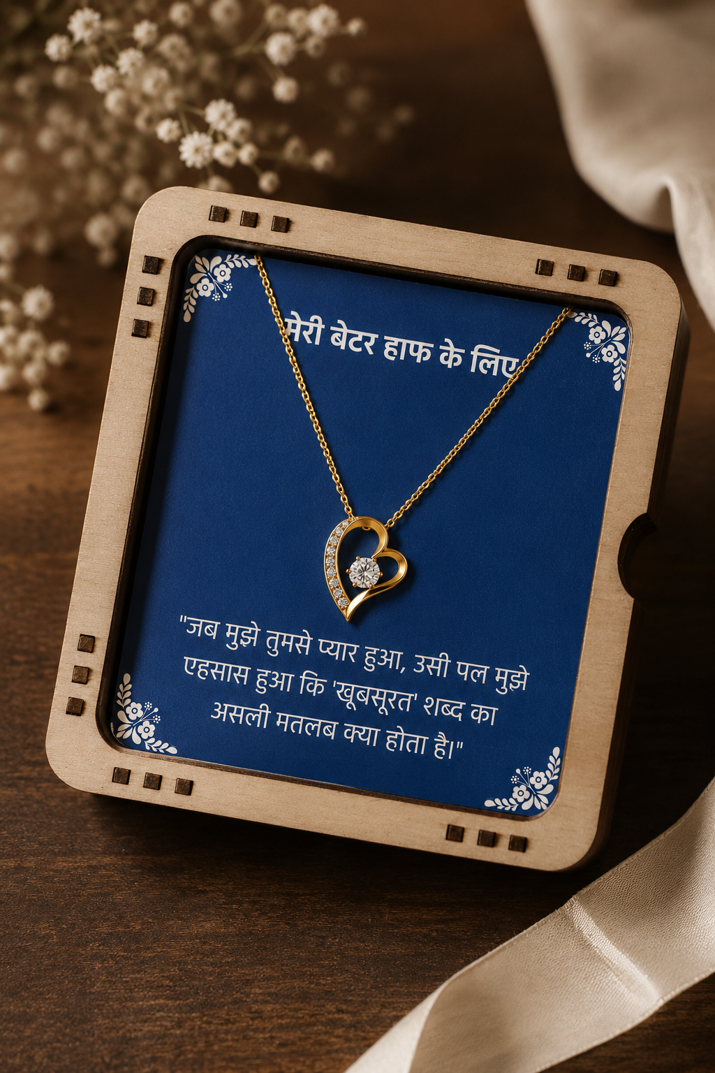 Gold-tone heart pendant necklace gift for Better Half with emotional message card