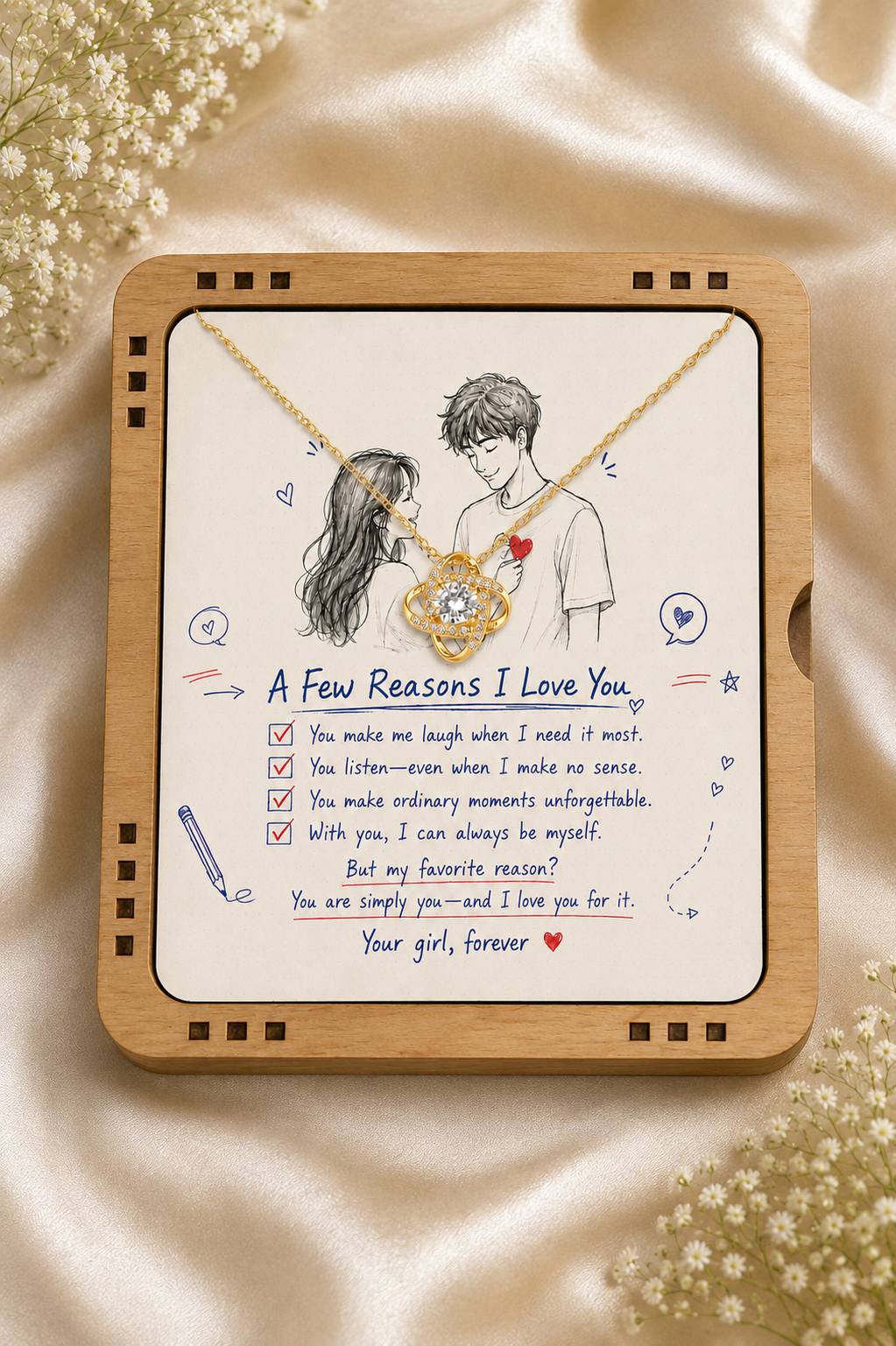 Gold-tone boyfriend necklace presented in an illuminated wooden jewelry box with romantic message card