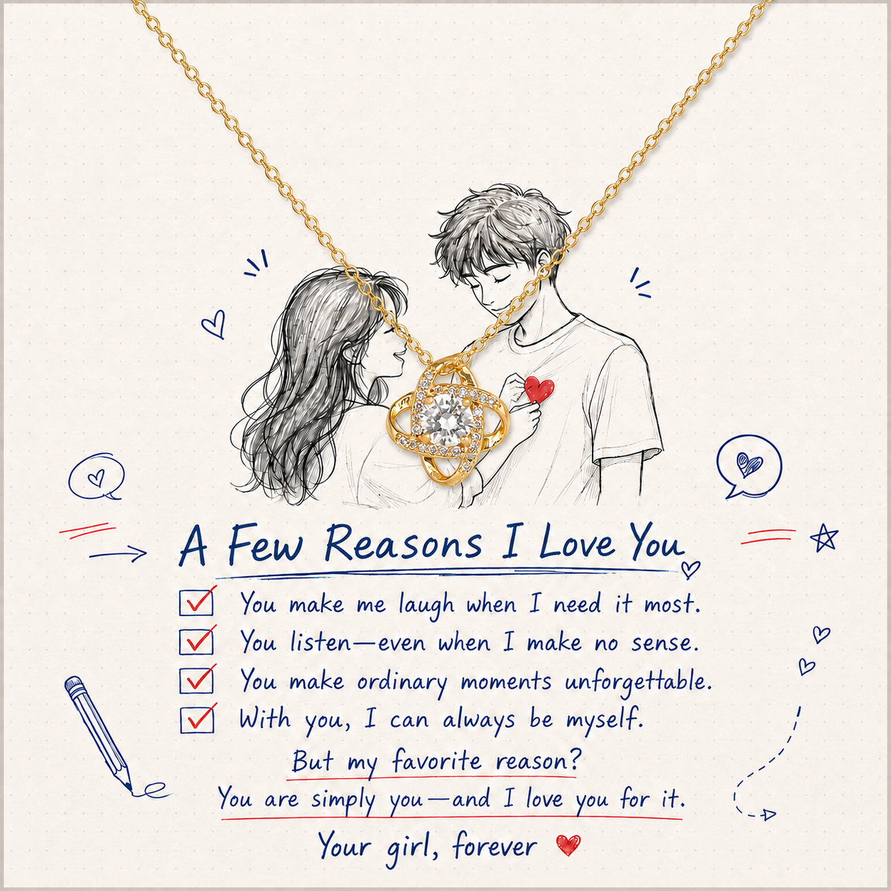 Gold-tone alloy necklace with decorative intertwined pendant displayed over a romantic couple illustration and message card