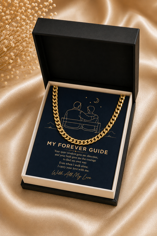 Gold-tone Cuban chain necklace with sentimental My Forever Guide card for father