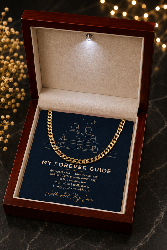 Gold-tone Cuban link chain necklace for Dad with My Forever Guide message card in LED wooden box