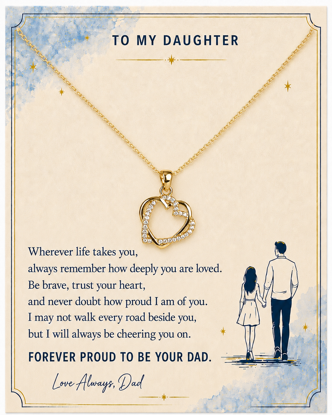 Gold-tone double heart pendant necklace gift for daughter with message card