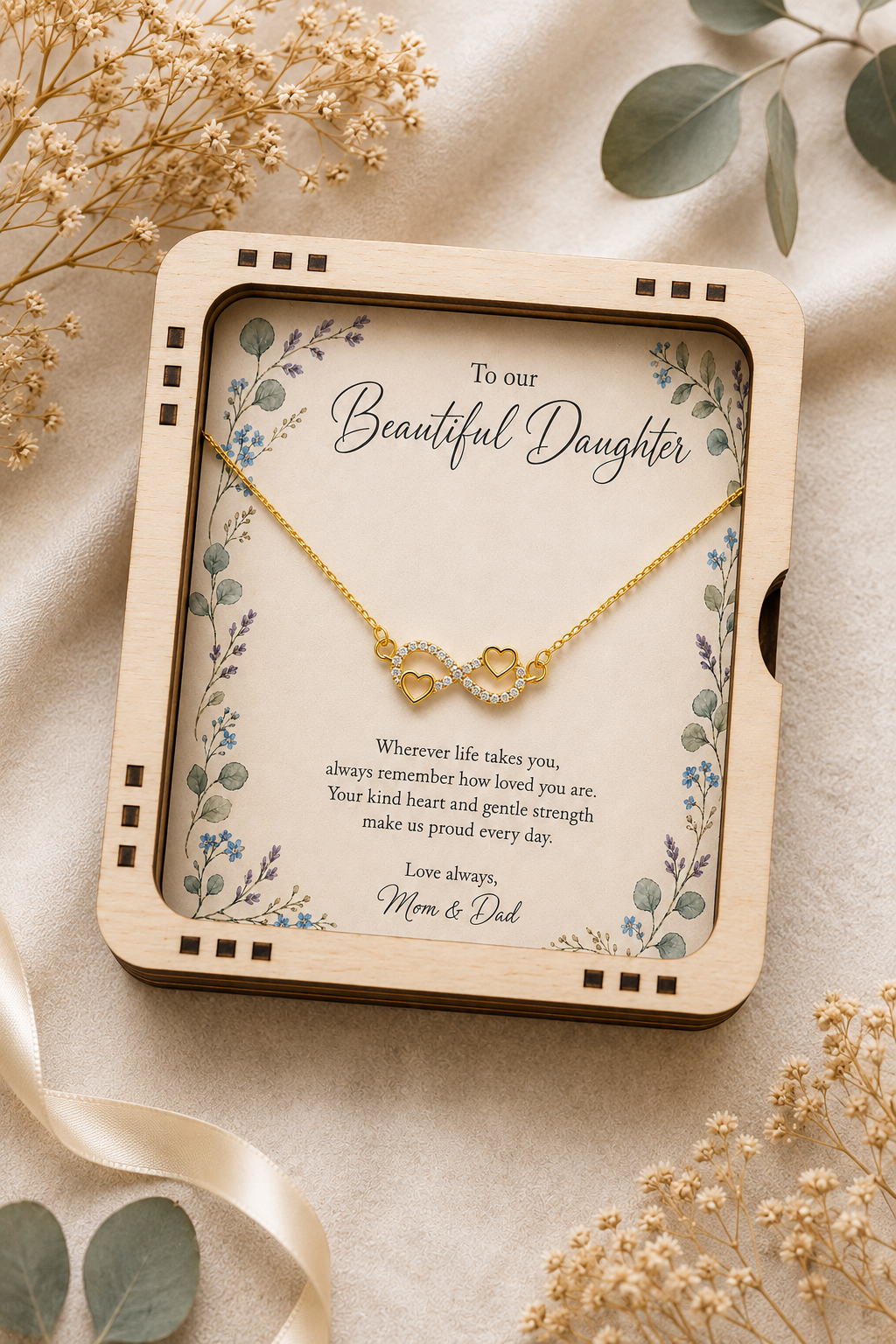 Gold-tone daughter infinity heart necklace displayed on floral keepsake card