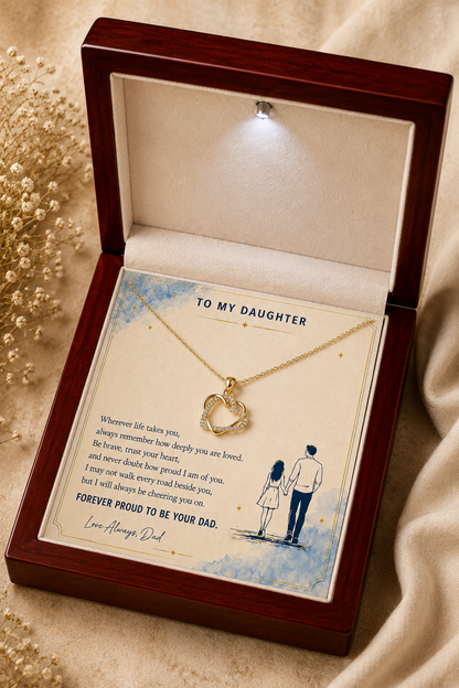 Gold-tone daughter necklace with clear stone accents and message card
