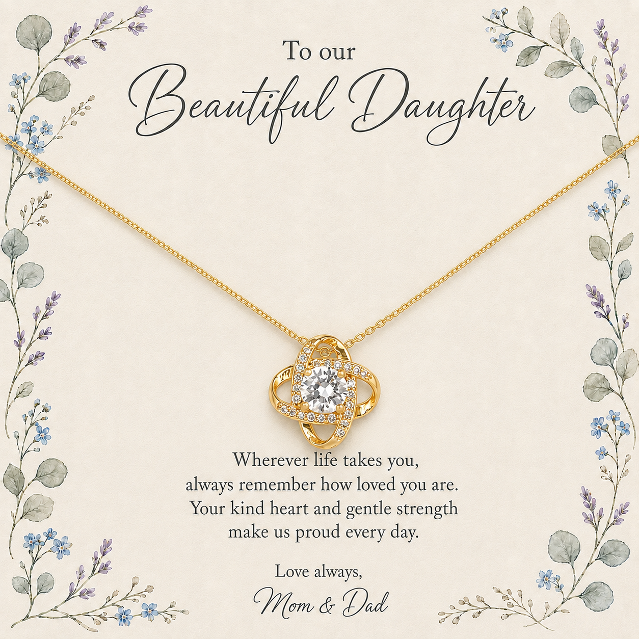 Gold-tone daughter pendant necklace with clear center stone and floral message card
