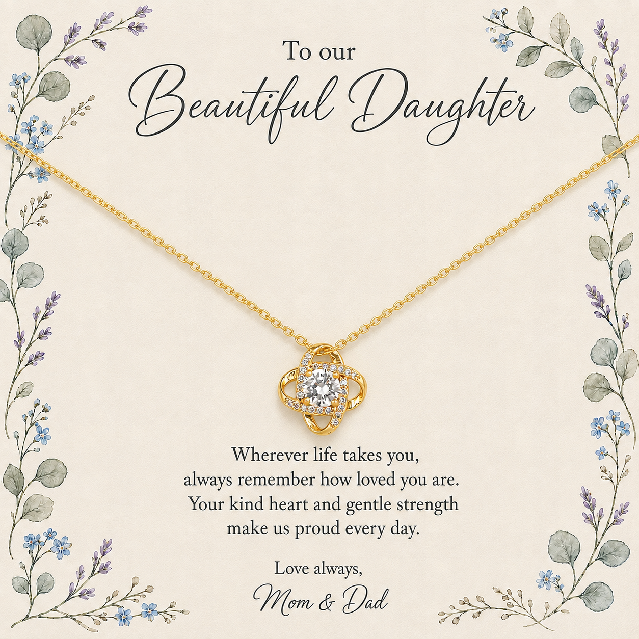 Gold-tone daughter pendant necklace displayed on heartfelt message card