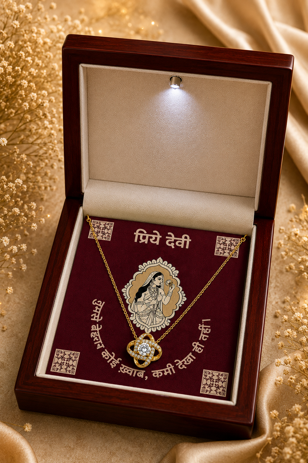 Gold-tone Devi pendant necklace displayed on traditional burgundy Indian message card