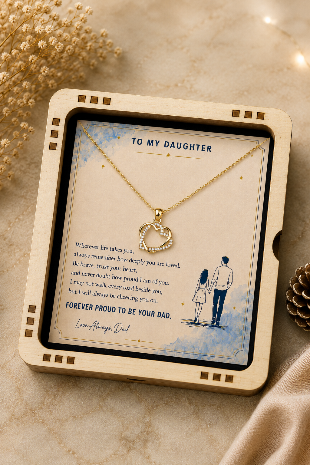 Gold-tone double heart necklace daughter gift in wooden box