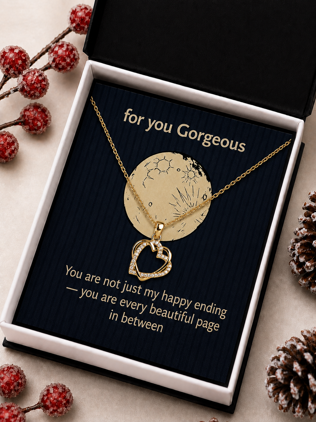 Gold-tone heart charm necklace with round moon-inspired pendant and message card
