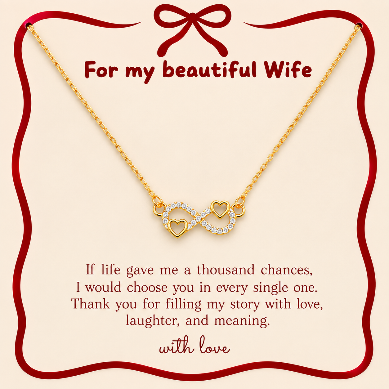Gold-tone heart infinity necklace in jewelry gift box