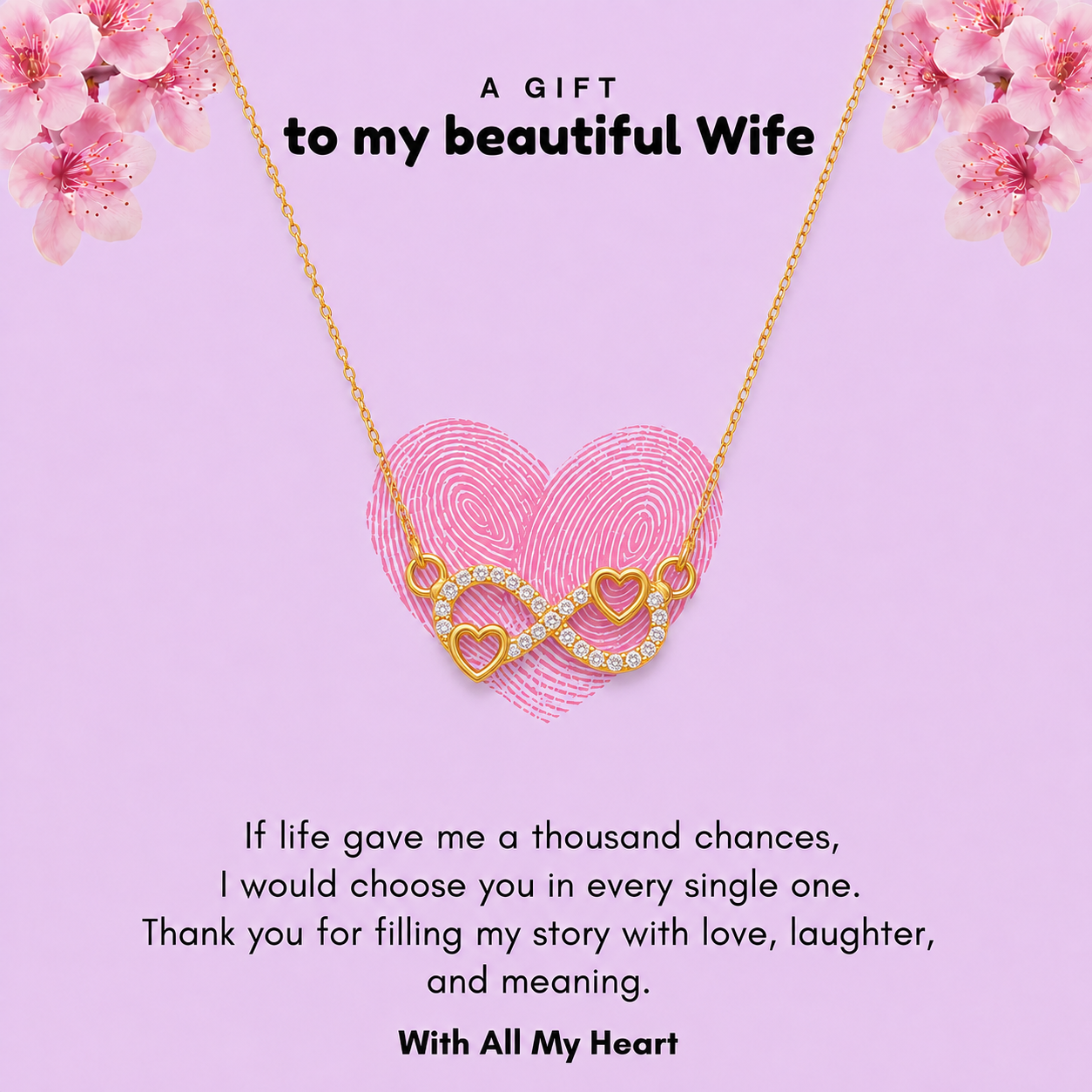 Gold-tone heart infinity pendant over pink fingerprint heart design