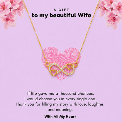 Gold-tone heart infinity pendant over pink fingerprint heart design