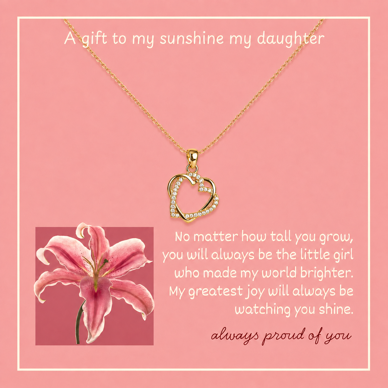 Gold-tone heart necklace with clear crystal-style accents and daughter message card