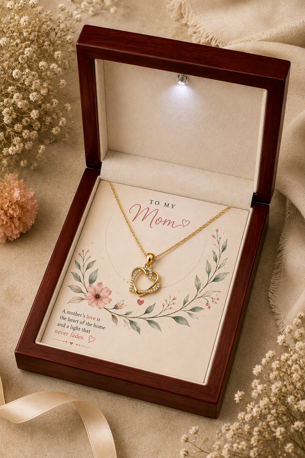 Gold-tone heart necklace gift for mother with message card