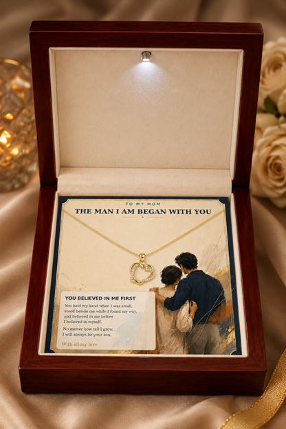 Gold-tone heart pendant necklace in wooden presentation box