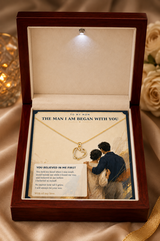 Gold-tone heart pendant necklace in wooden presentation box
