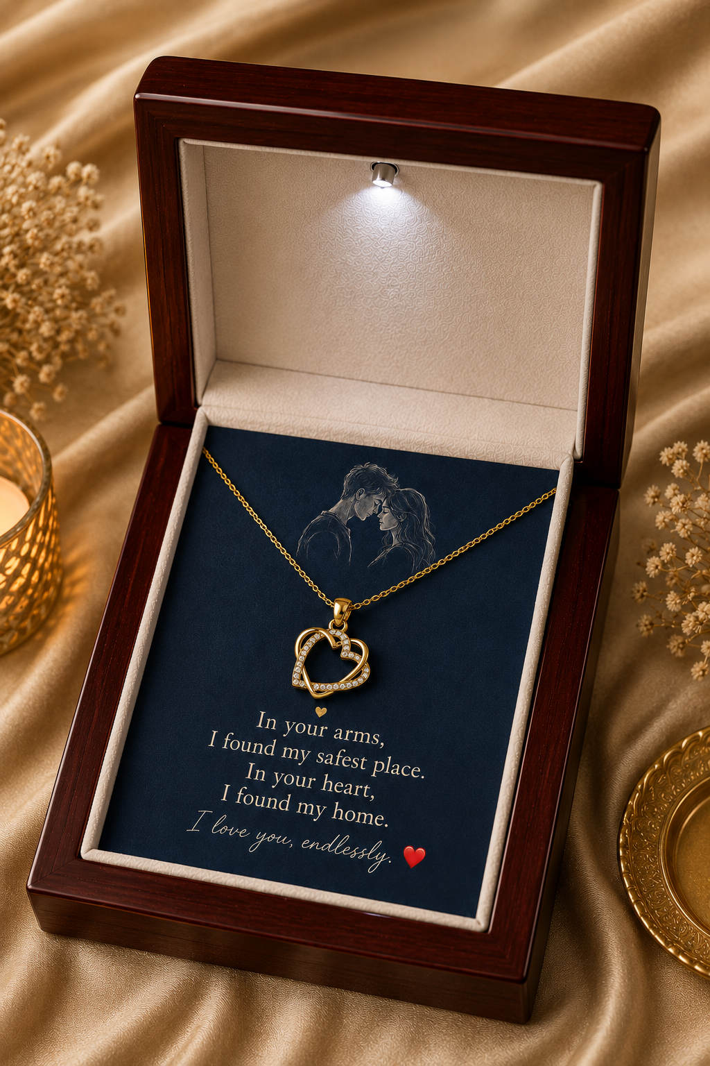 Gold-tone heart necklace in wooden gift box with romantic message