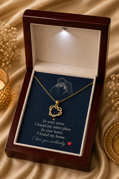 Gold-tone heart necklace in wooden gift box with romantic message
